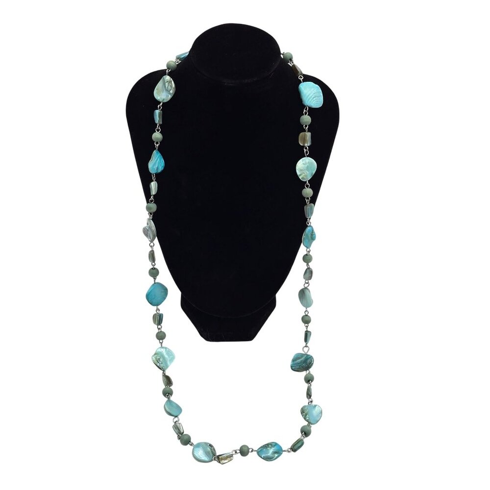 Boho Shell‎ Beaded Necklace Aqua Blue Green Mother of Pearl Silver Tone Long
